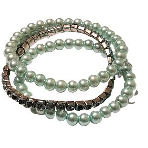 Fashion Jewelry Glass Pearl And Crystal Rhinestones Bracelet Set Turquoise Blue